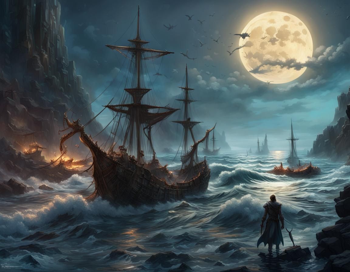 Shimmering Horde on Moonlit Sea: Digital Concept Art