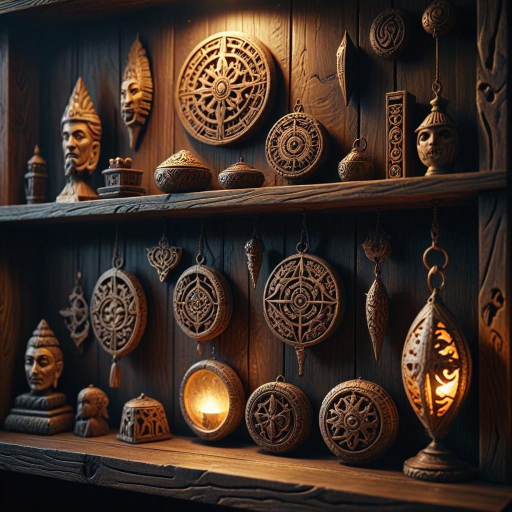 Intricately Carved Wooden Talismans in Fantasy Art Style