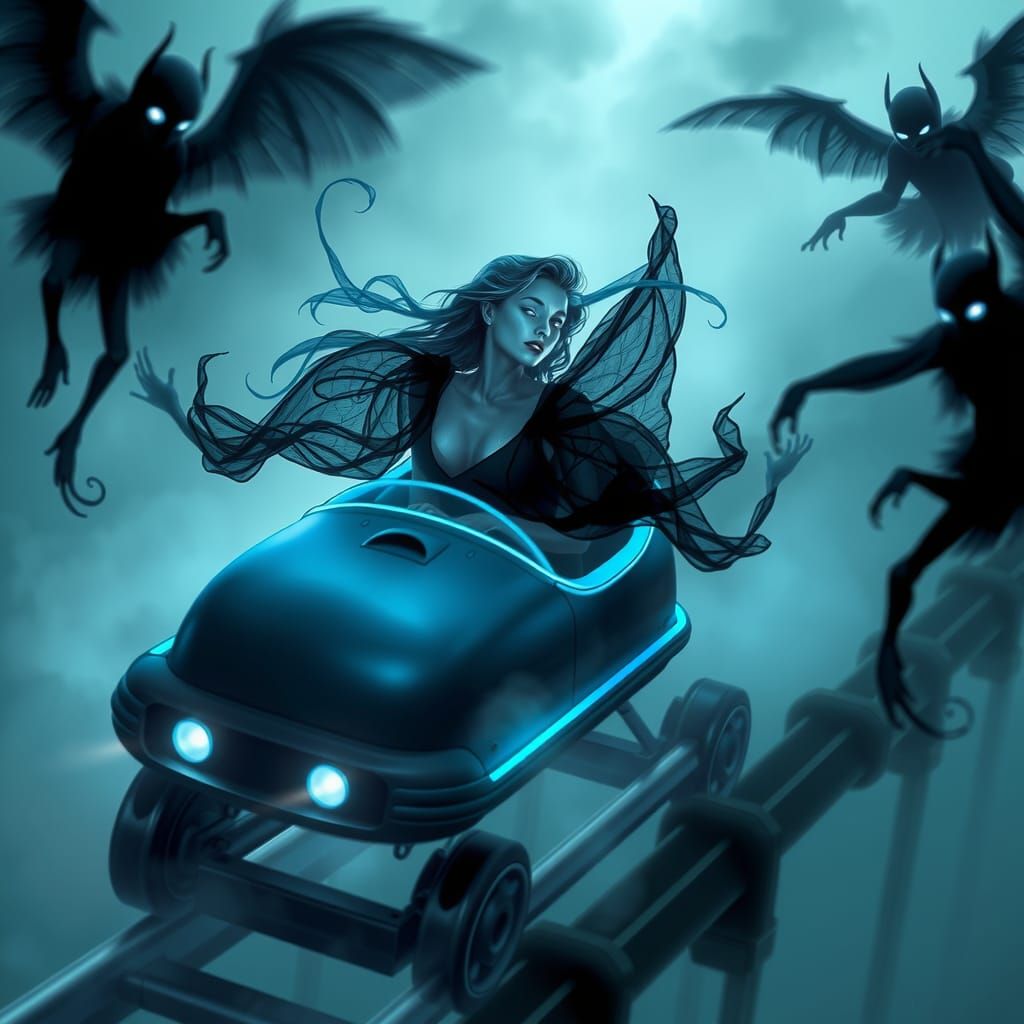 Ethereal Rollercoaster Torpedoing Through Misty Clouds