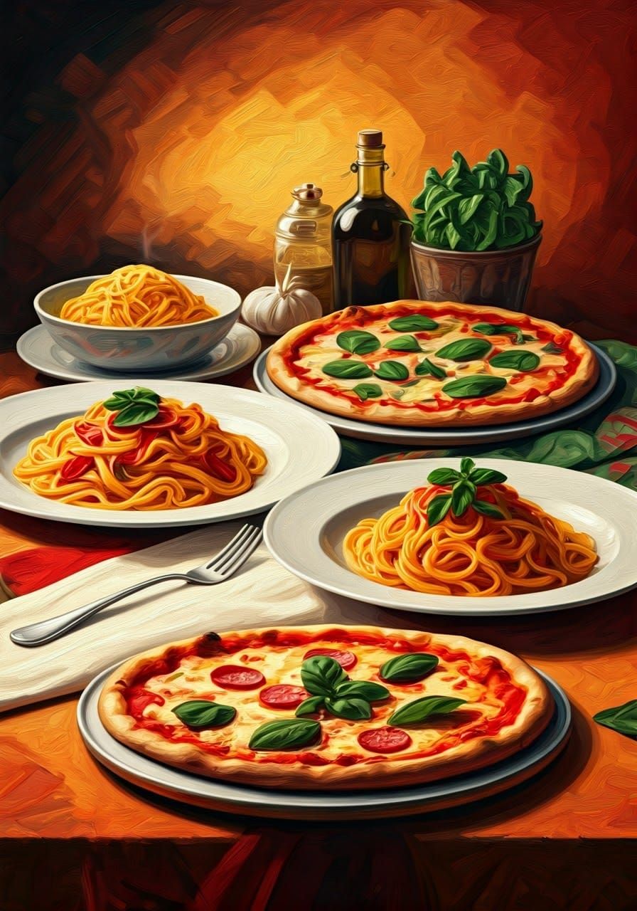 Pizza and Pasta Feast in Cubist Style