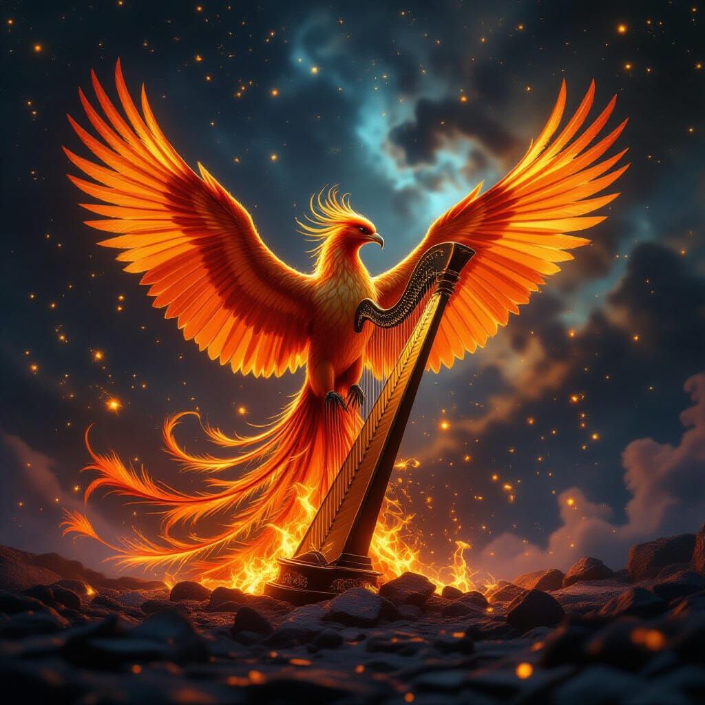 Phoenix Rebirth Tangled in Celestial Harp