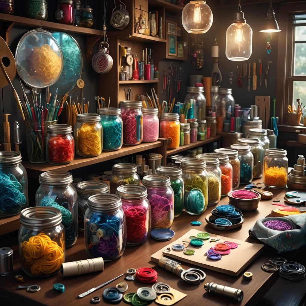 Crafting Room with Supplies in Glass Jars
