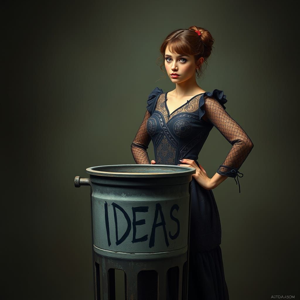 Realistic Woman Contemplates Empty Trashcan in Thoughtful Po...