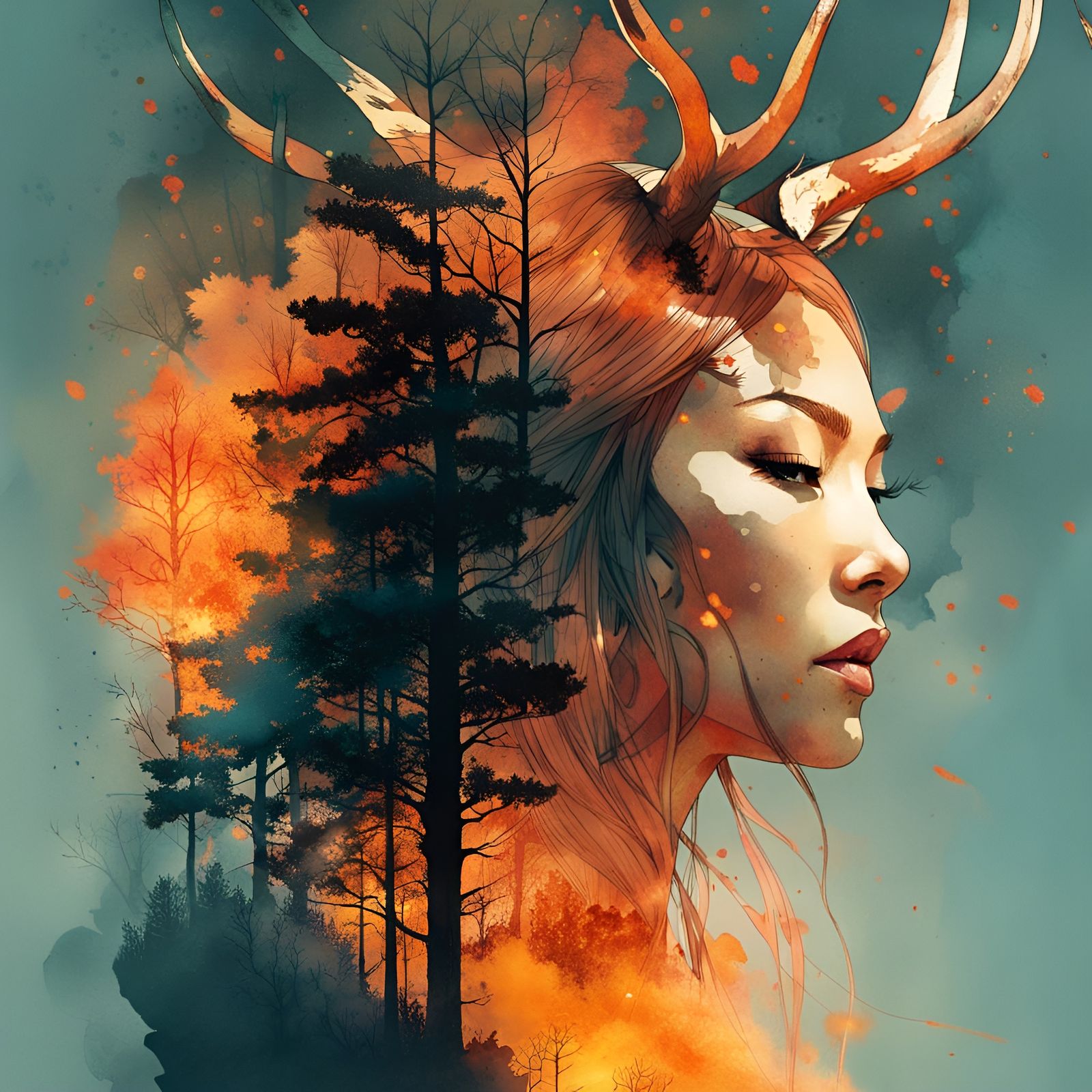 Burning Forest Gazelle Princess Double Exposure Portrait
