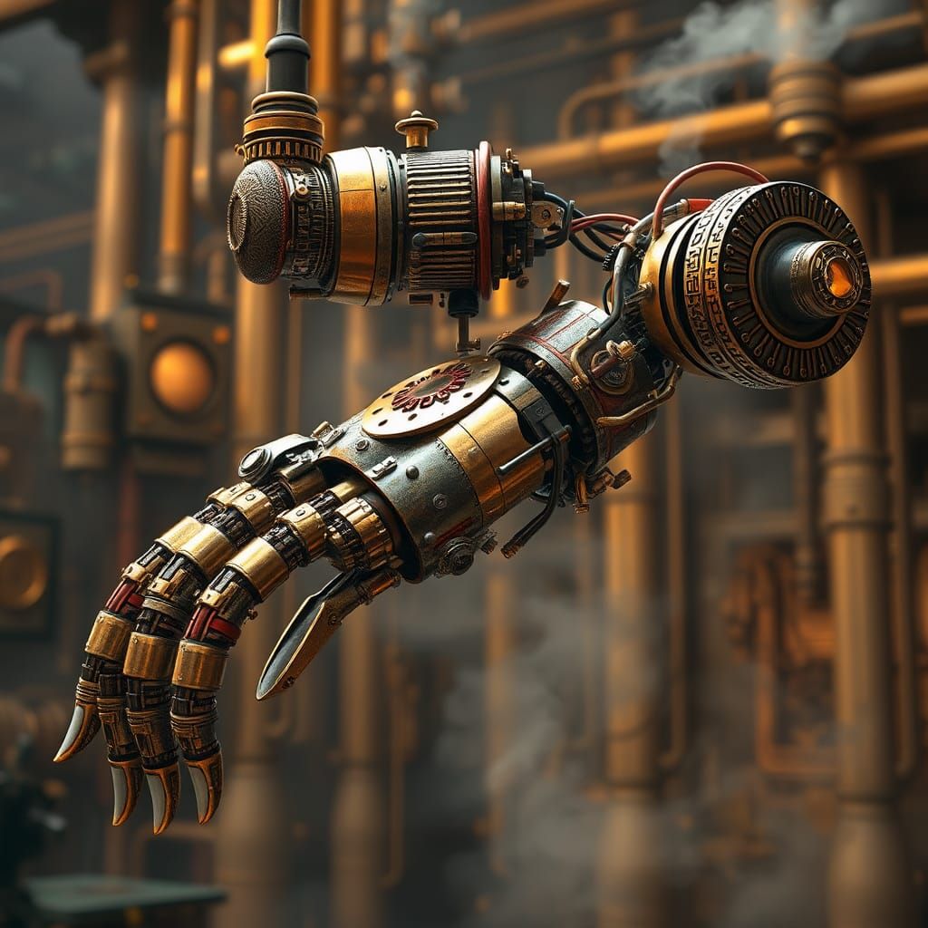 Steampunk Robotic Arm in Golden Industrial Setting