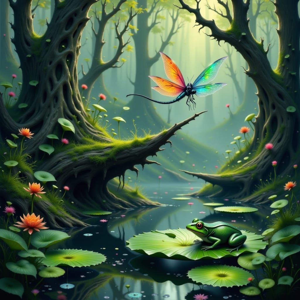 Iridescent Dragonfly in Mystical Swamp, Dreamlike Illustrati...