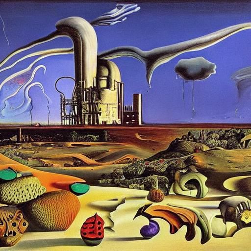 Surreal Factory Scene with Melting Clockwork in Snow