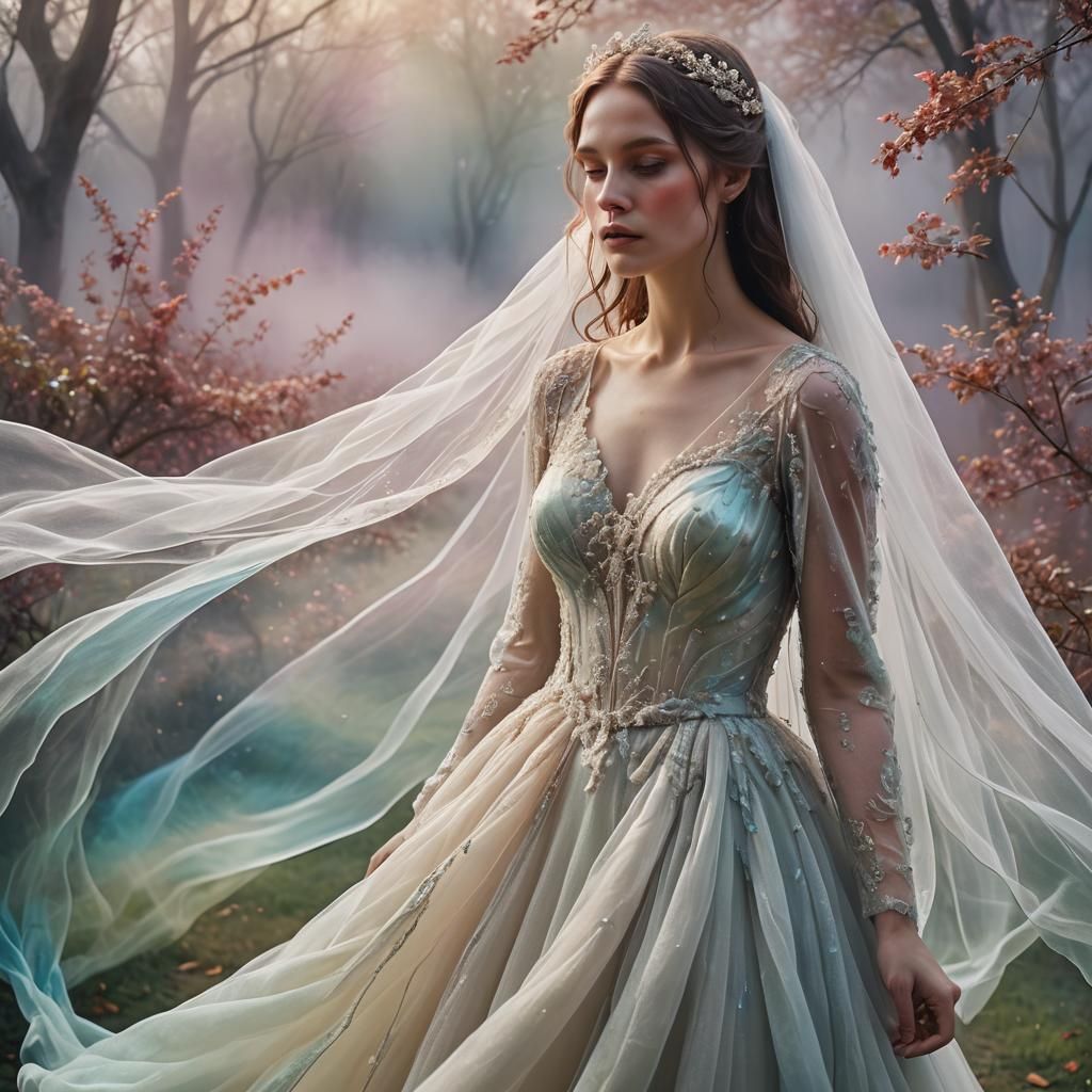 Ethereal Bride in Iridescent Mist, Surreal Portrait