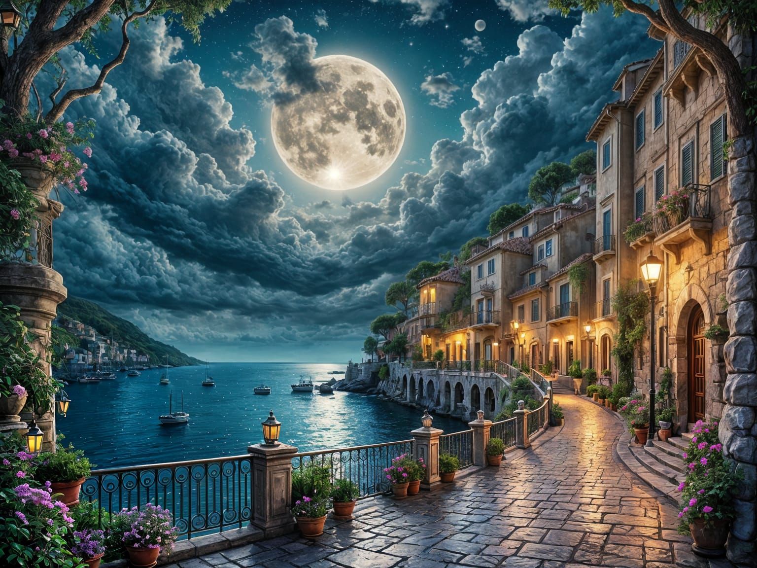 Moonlit Mediterranean Village in Magical Realism Style