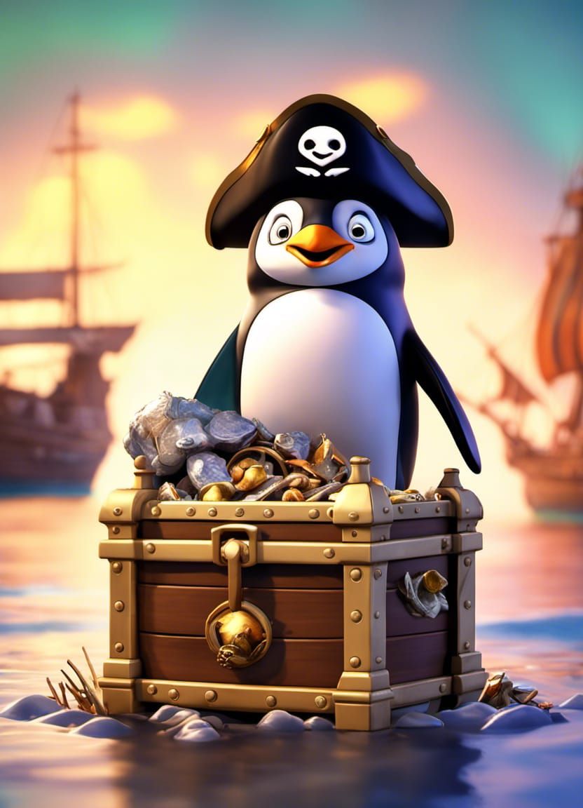 Penguin Pirates Guarding Fish Treasure: Pixar-Style 3D Art