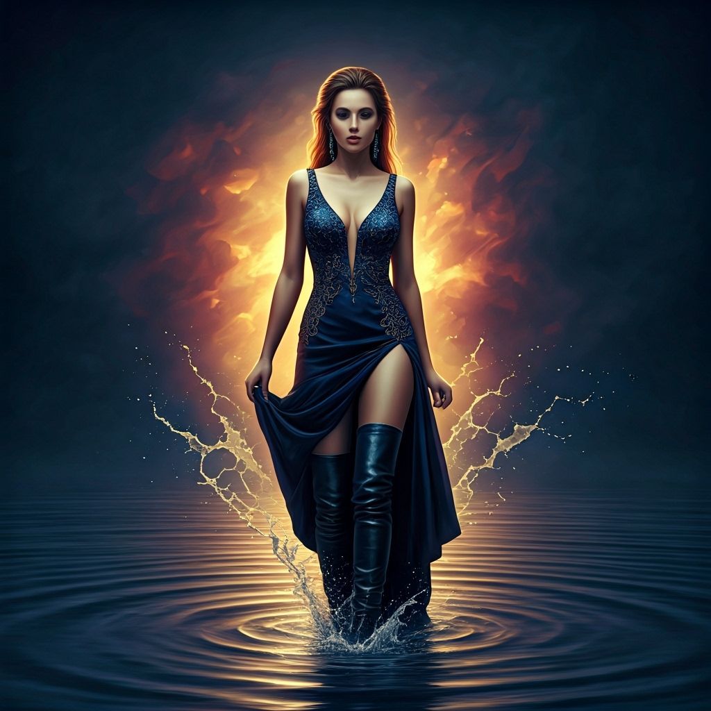 Woman in Wet Navy Dress and Thigh Boots