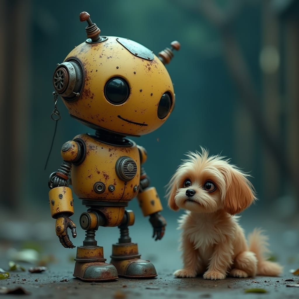 Robot and Dog at Night in Cartoon Style