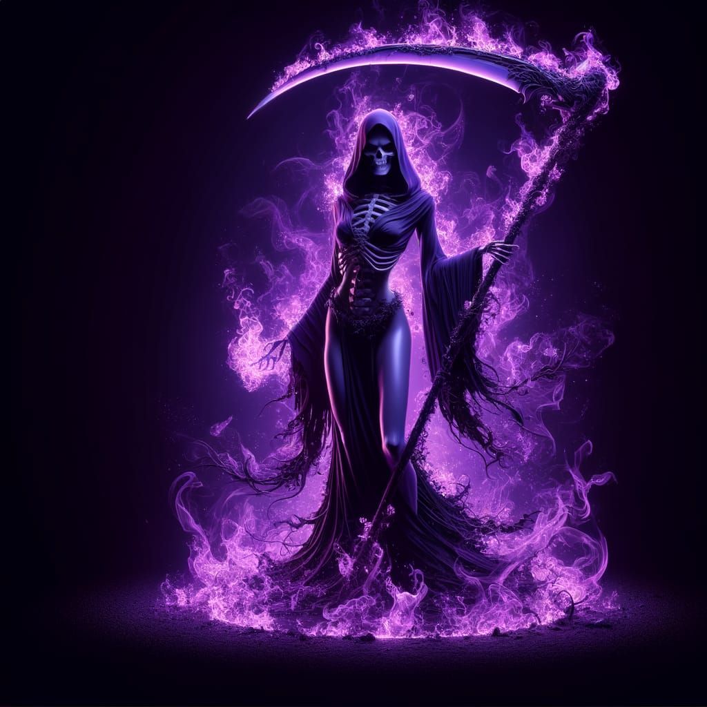 Female Grim Reaper Wielding Scythe in Purple Flames