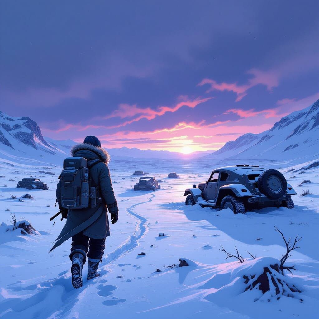 Wasteland Explorer in Snow, Atmospheric Digital Art