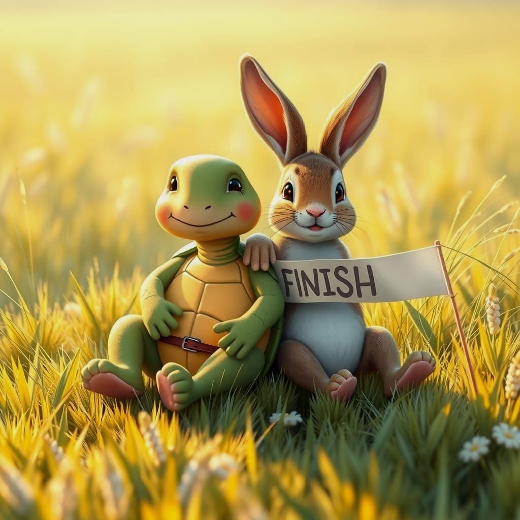 Turtle and Rabbit Post-Race: A Heartwarming Storybook Scene