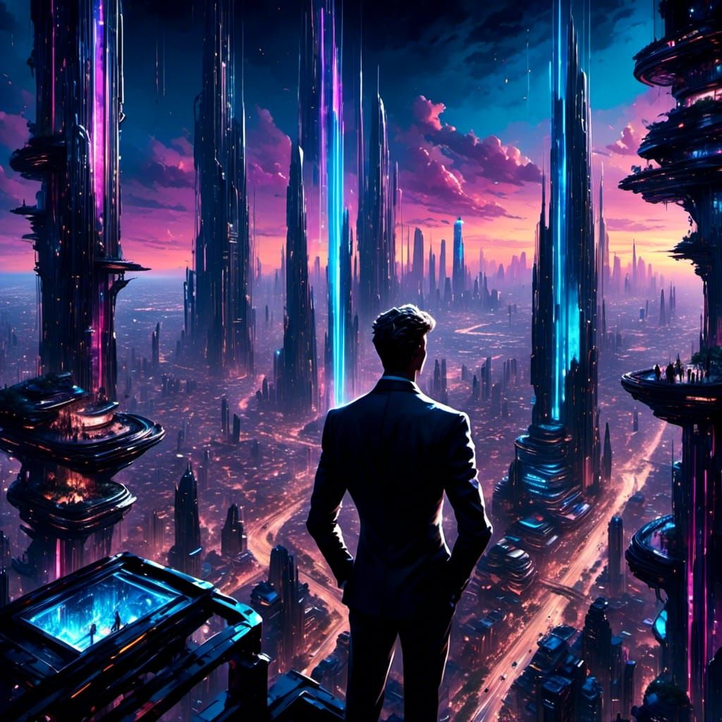 Futuristic City Dweller Gazing at Neon Skyscrapers