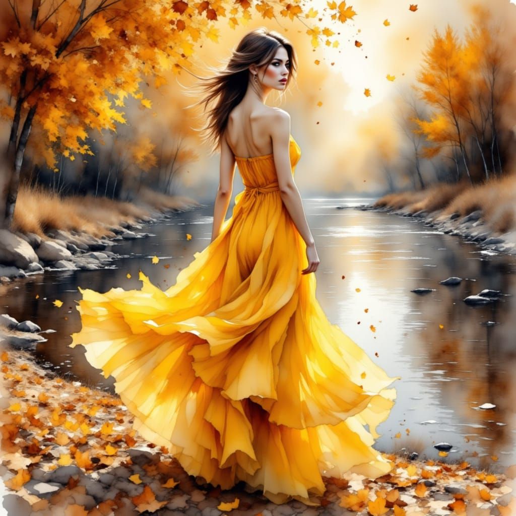 Woman in Yellow Dress Amidst Autumn Mist