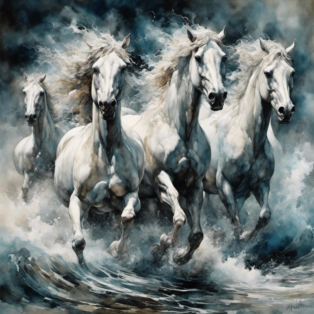 White Horses Emerge from Smoky Waves in Alcohol Ink