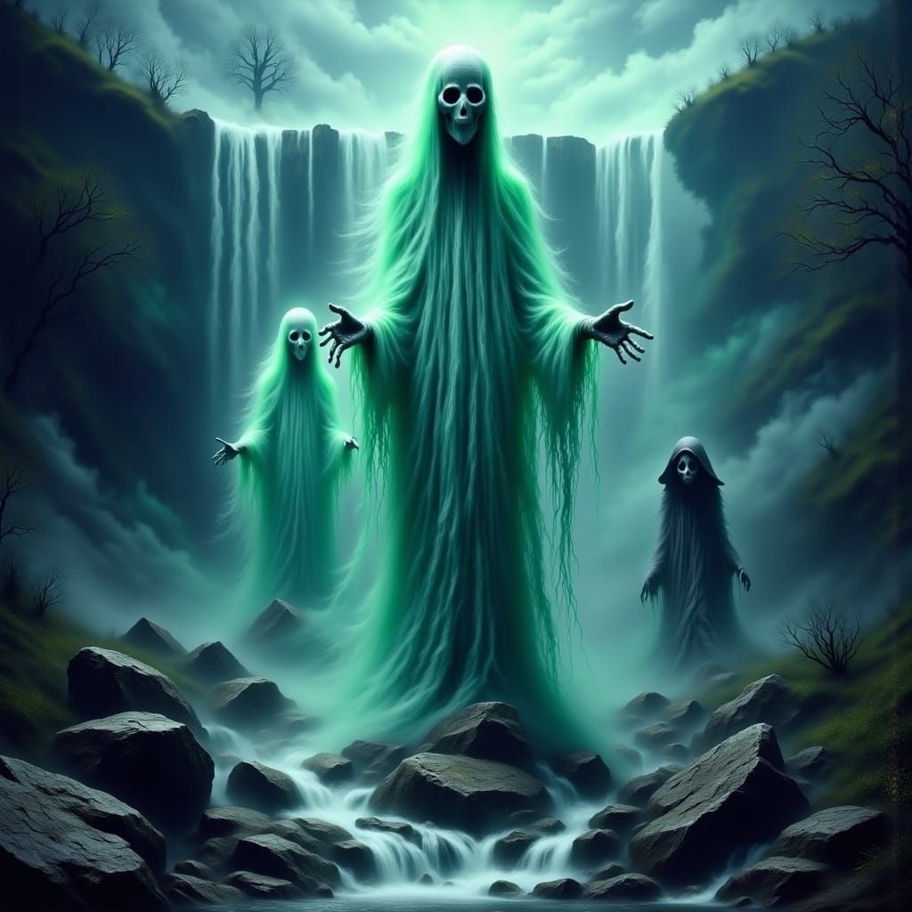 Ghost Statues by Waterfalls: Fantasy Concept Art