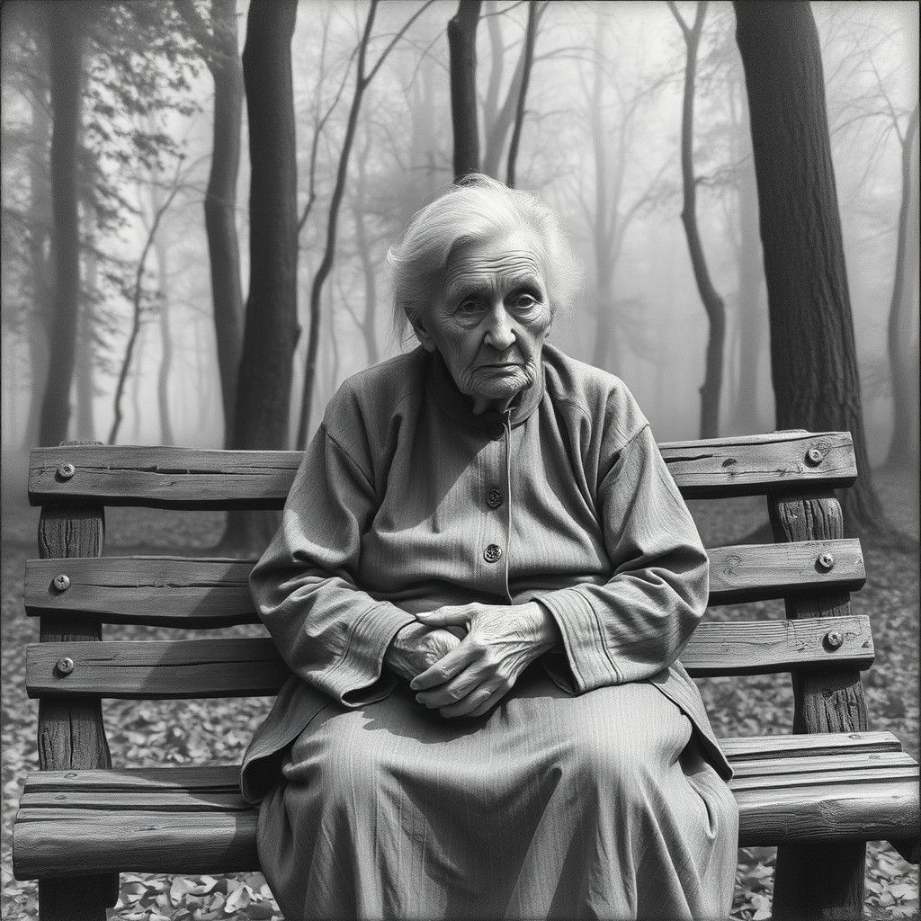 Grandmother Lost in Thought in Misty Forest