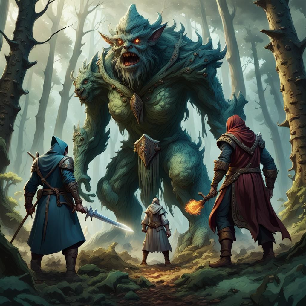 Fantasy Adventurers Face Forest Monster in Detailed Painting