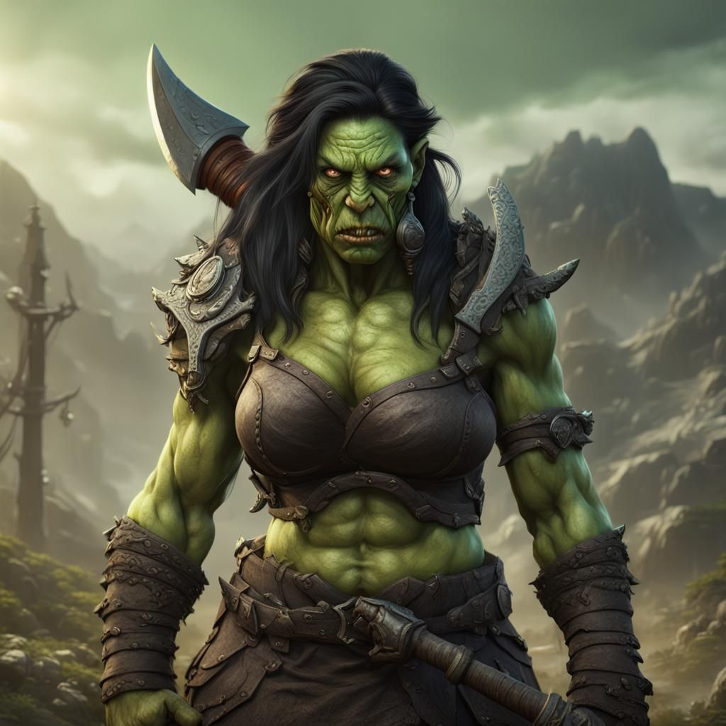 Thoughtful Orc Warrior Woman with Axe, Digital Art