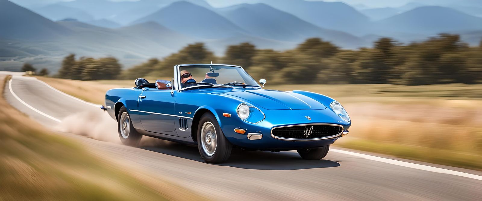 Blue Maserati Style Convertible at High Speed