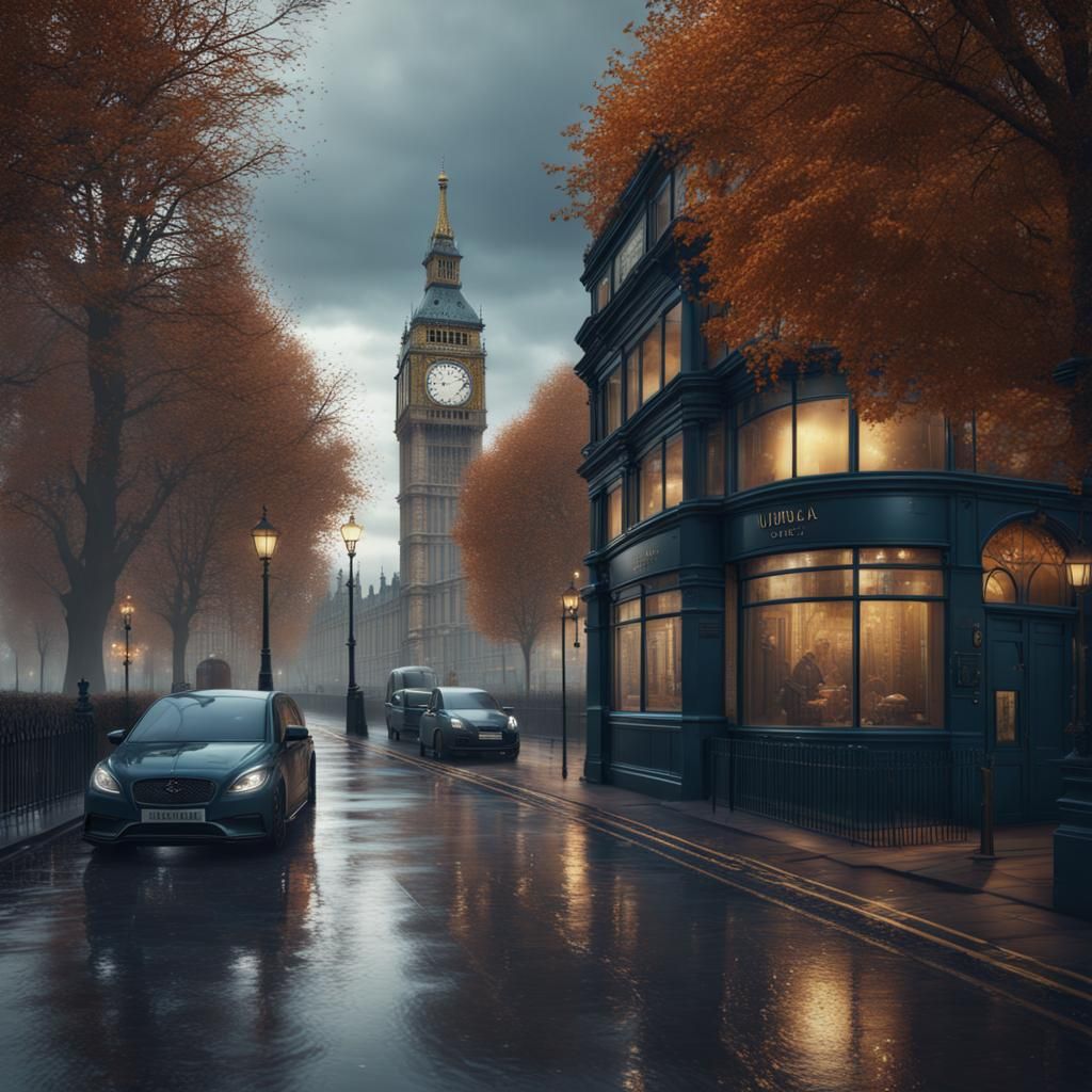 Rainy Autumn Day in London, Detailed Matte Painting