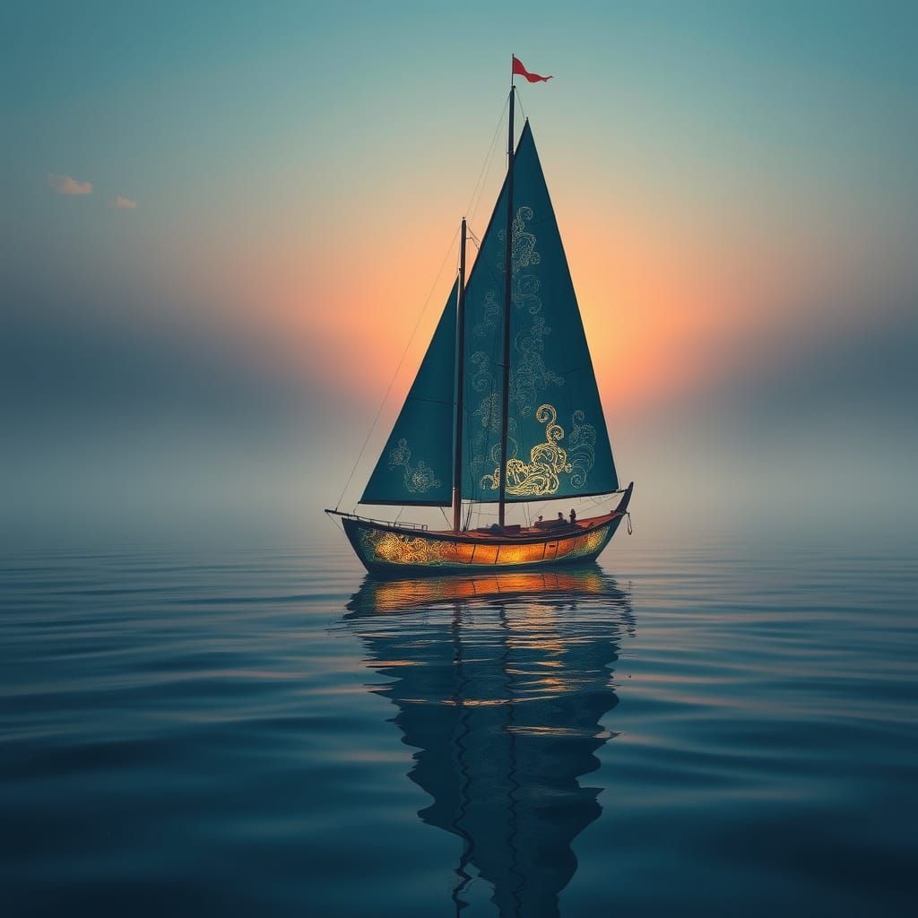 Sailboat with Transparent Hull at Misty Sunrise