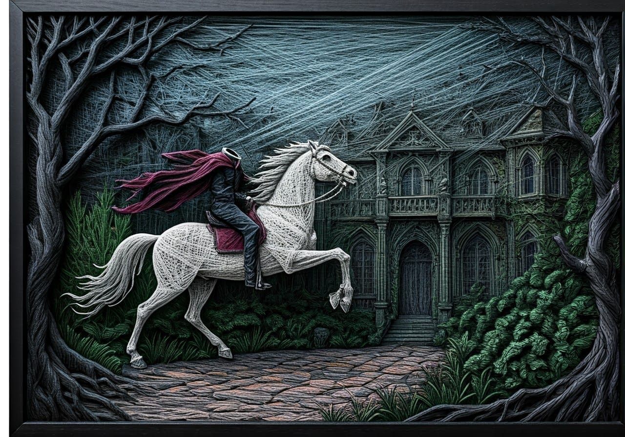 Surreal Halloween Scene in Intricate String Art