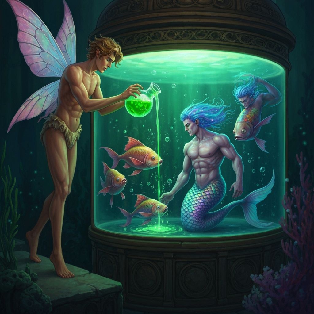 Magical Fairy Transforms Fish into Mermen in Ornate Aquarium