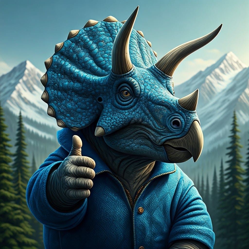 Realistic Blue Triceratops Wears Winter Coat in Majestic Sno...