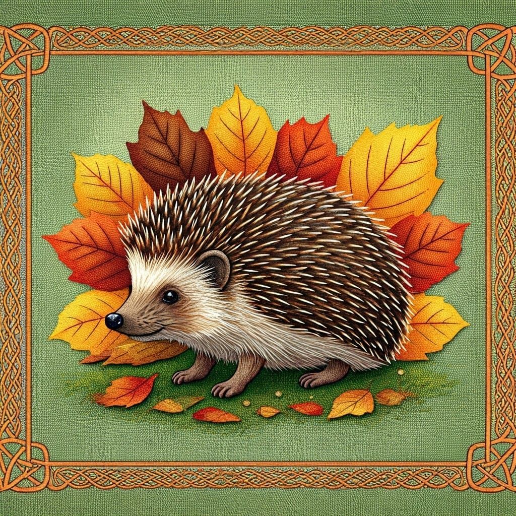 Cross stitch of a hedgehog surrounded by autumn leaves
