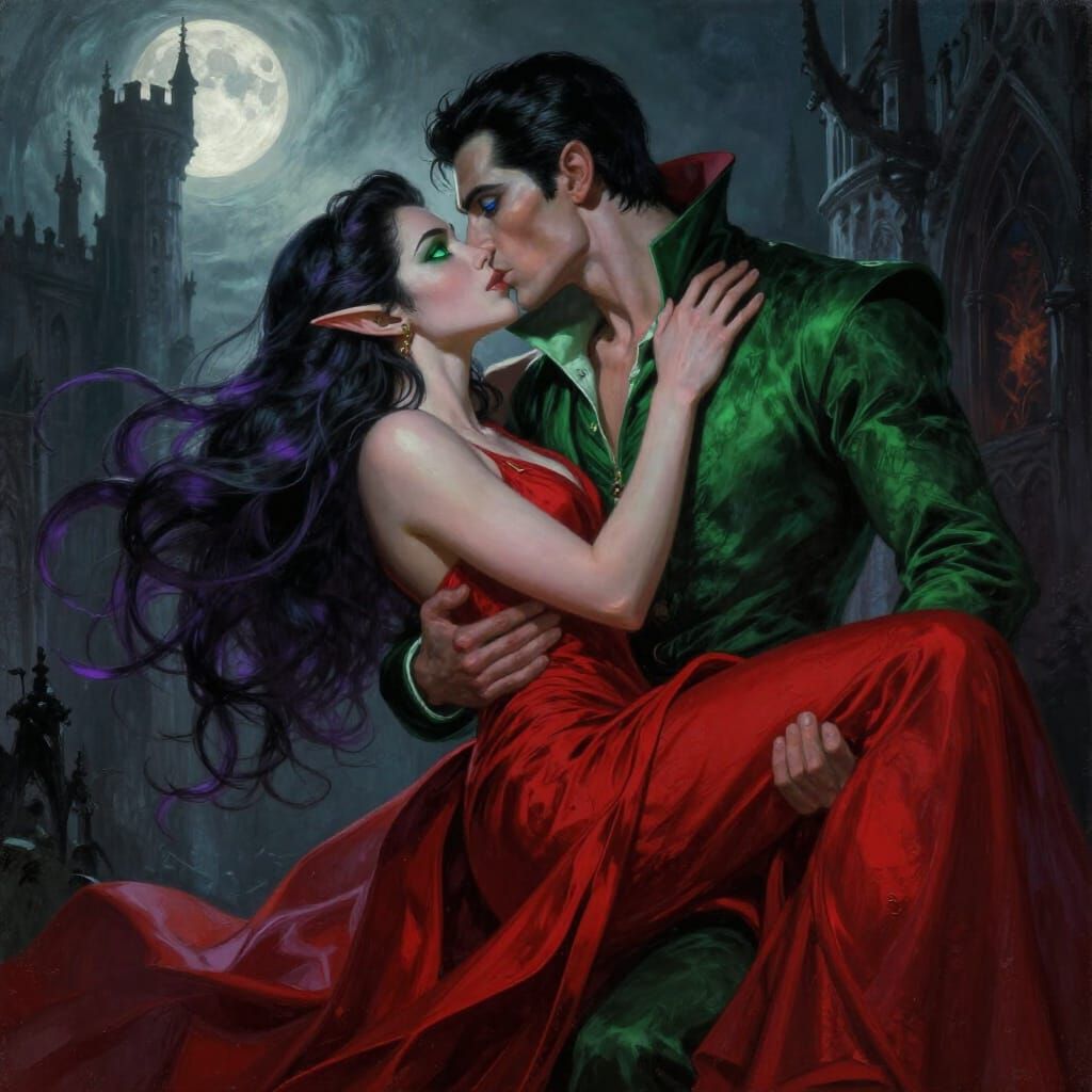 Elf and Vampire Kiss in Moonlit Gothic Castle