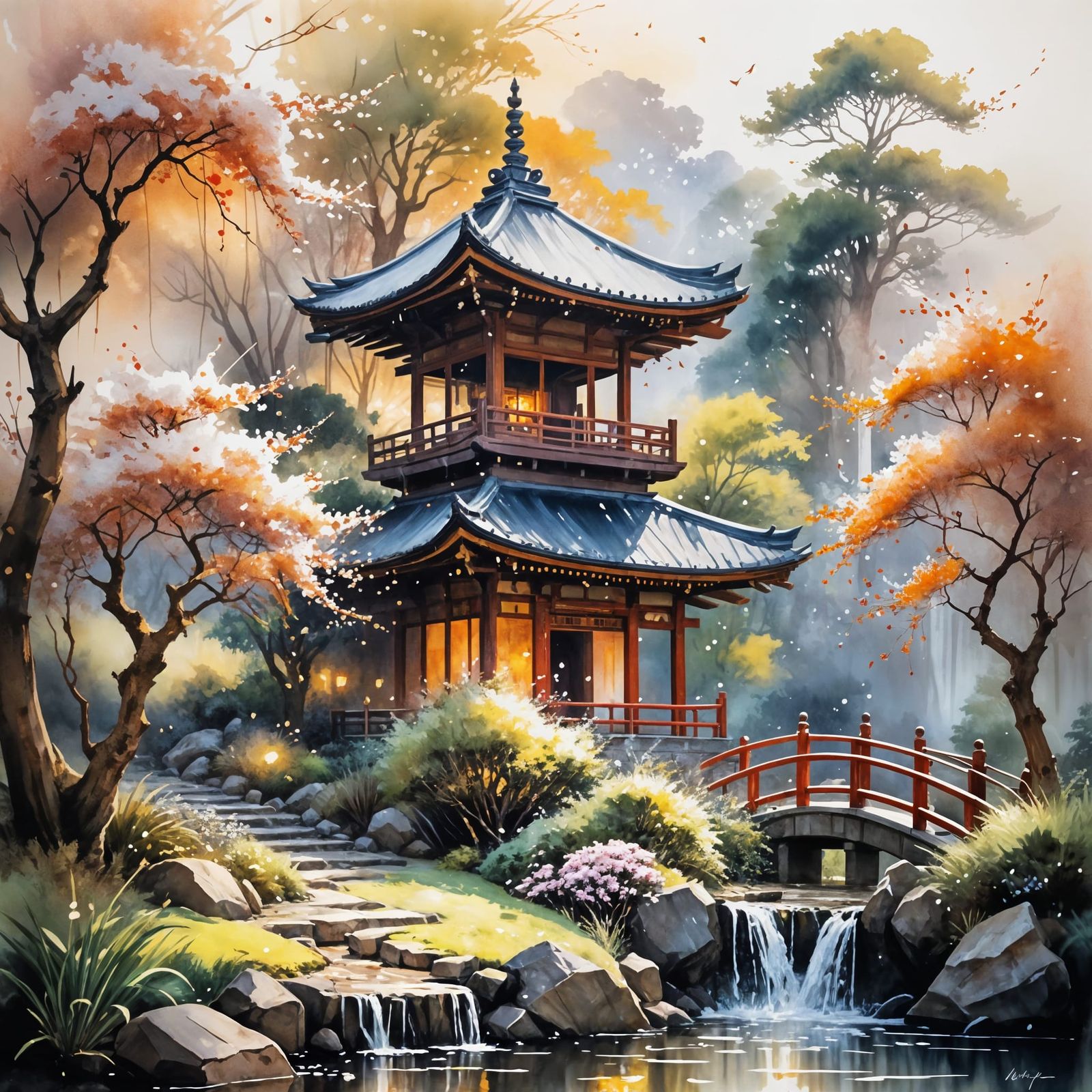 Japanese Garden Pagoda in Impressionist Watercolour