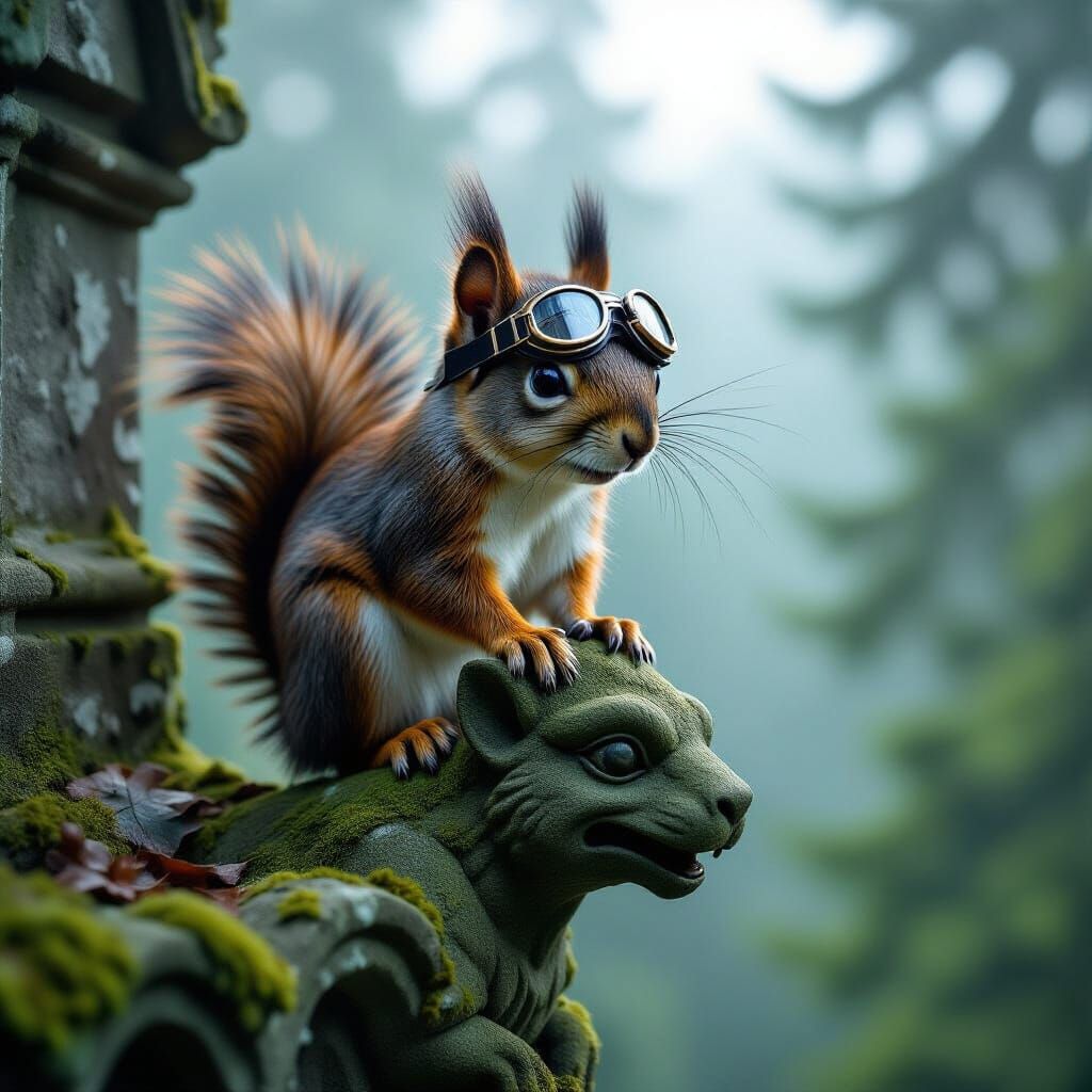 Squirrel Aviator on Gargoyle in Misty Forest