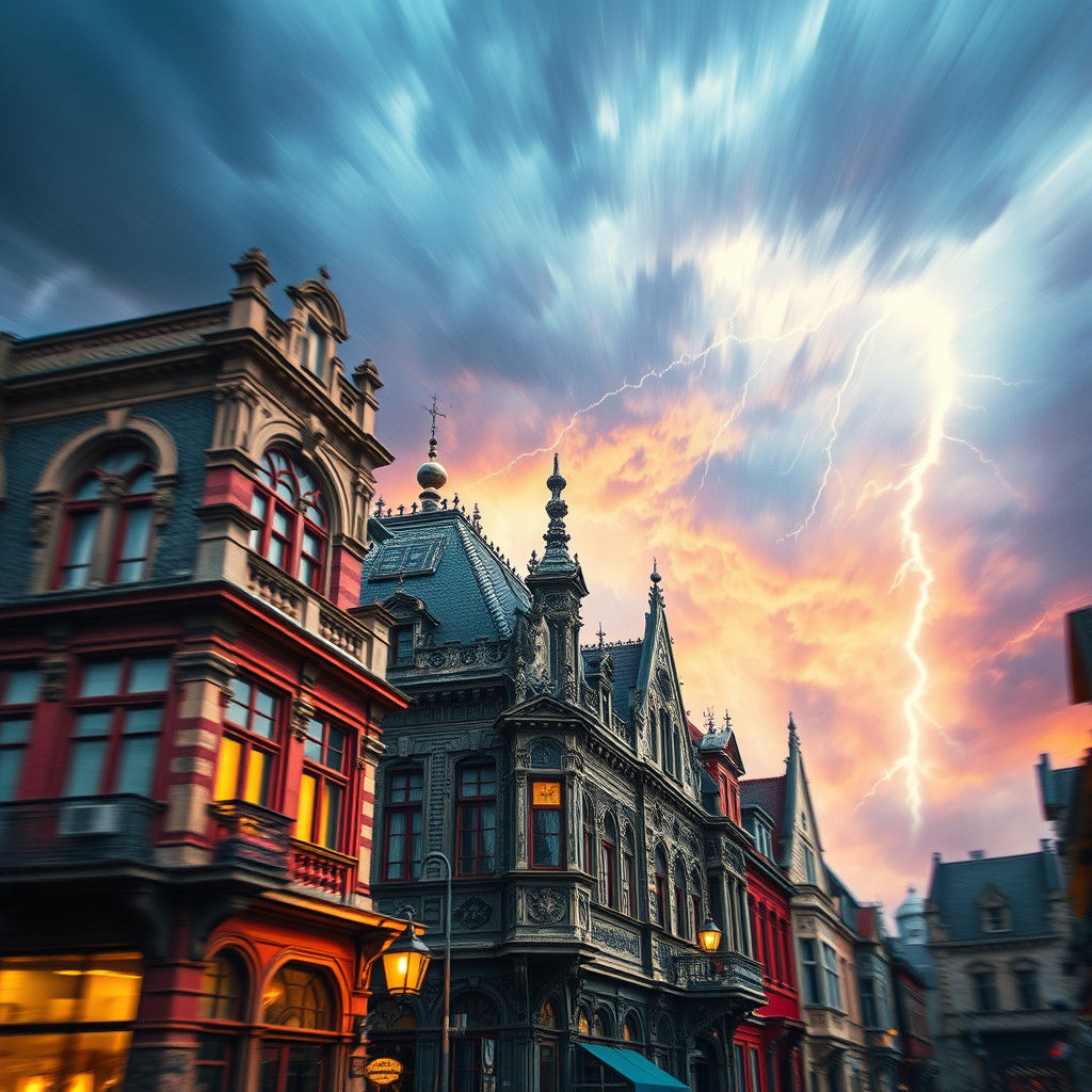 Dramatic Lightning Storm Over Ornate Town
