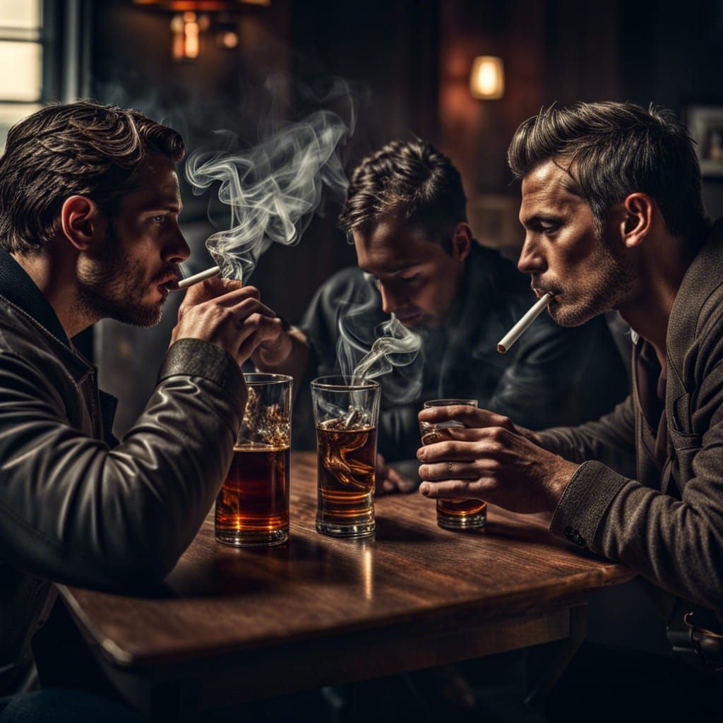 Men Drinking and Smoking in Pub: Hyperrealistic