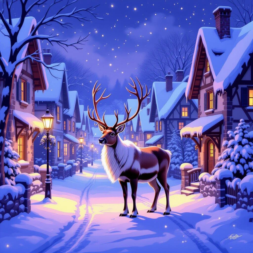 Idyllic Winter Wonderland Scene with Majestic Reindeer
