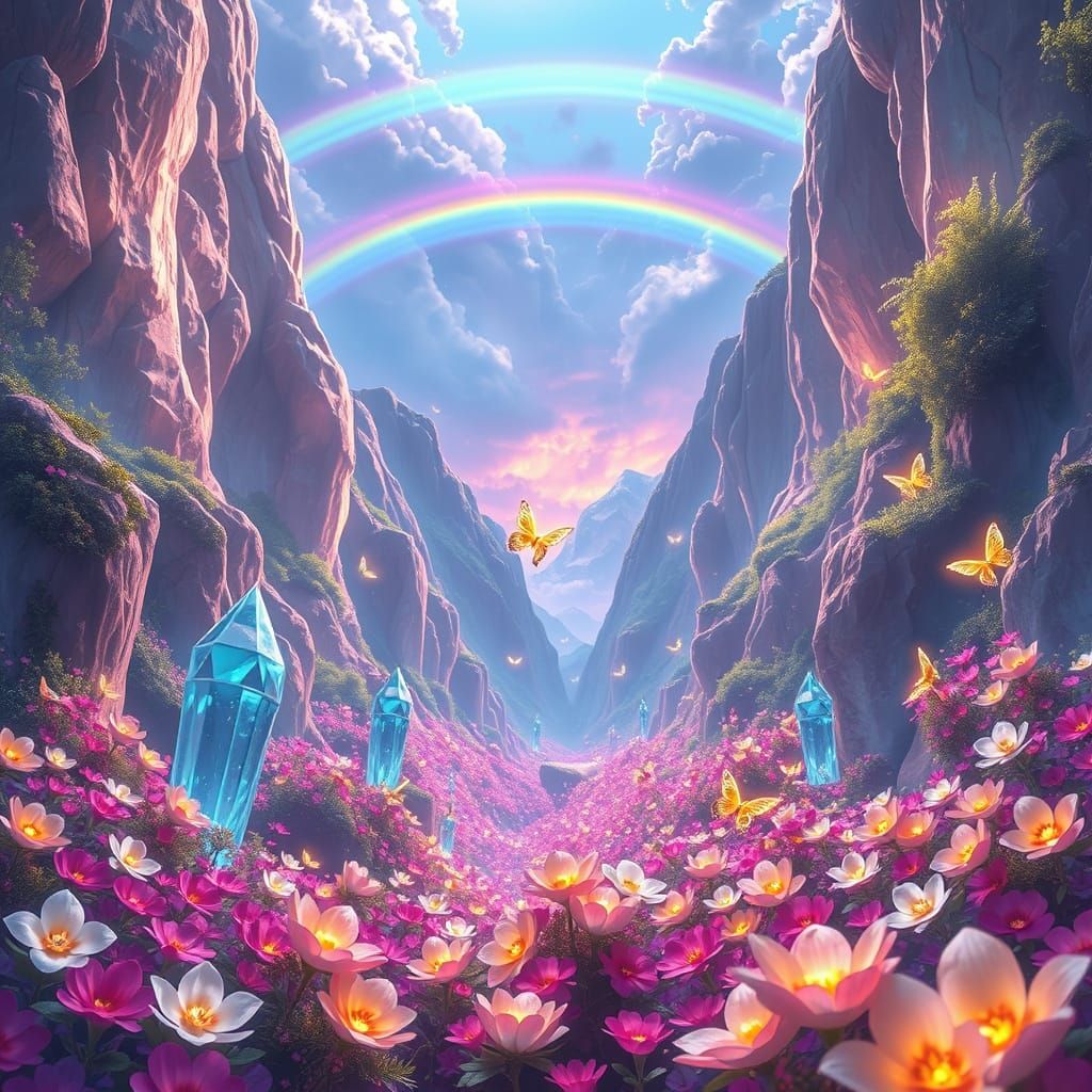 Enchanted Crystal Valley with Rainbow in Anime Style