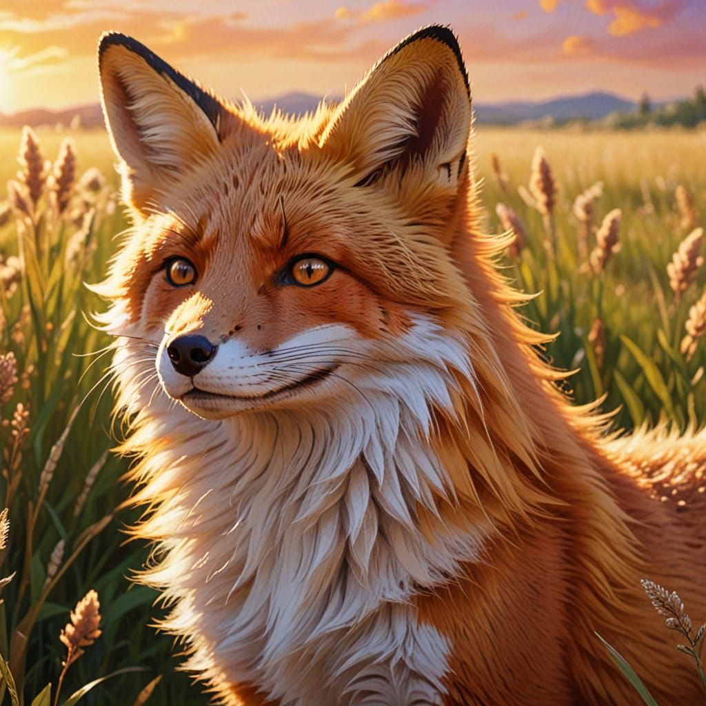 Relaxed Fox in Anime Style on the Prairies