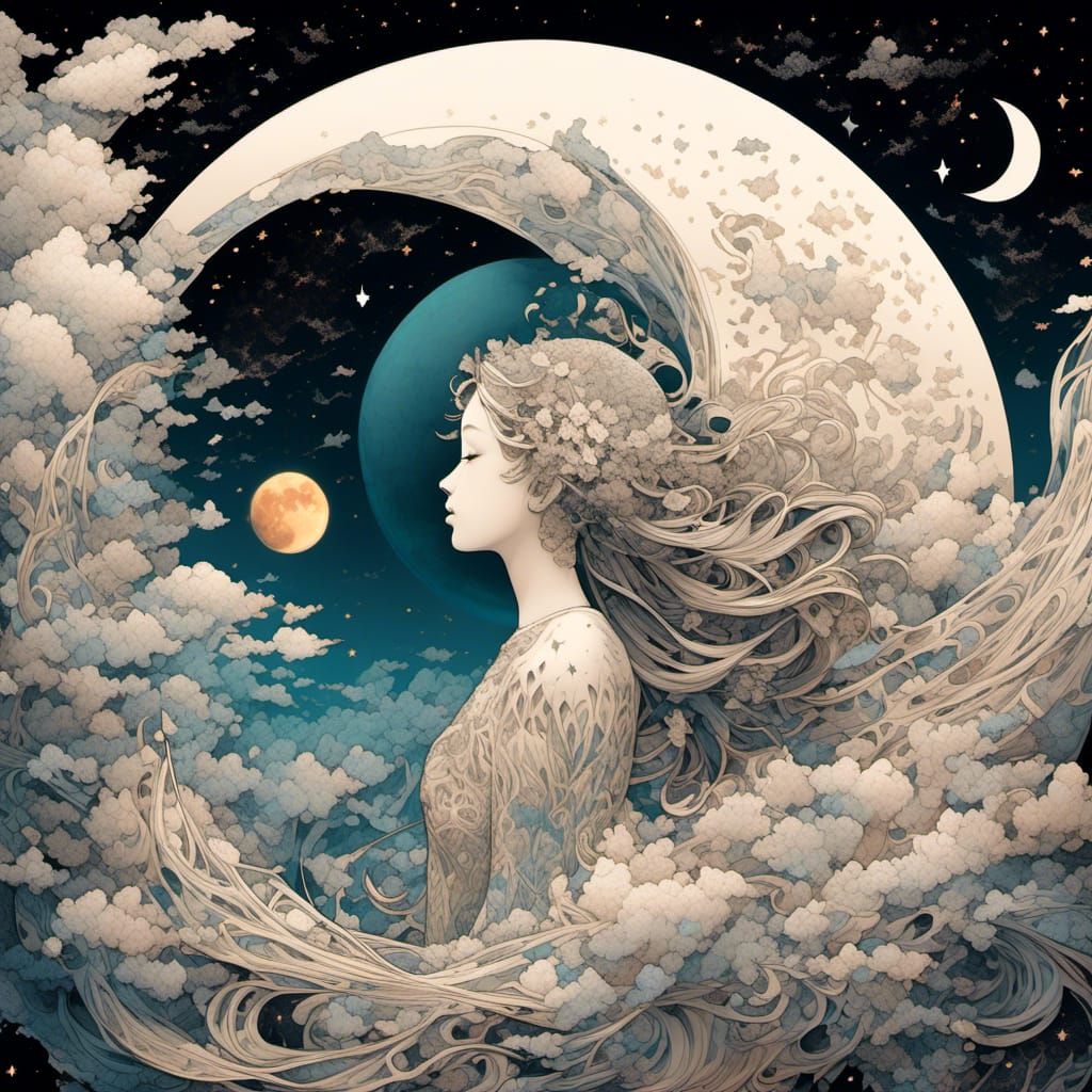 Angel on Moon Gazing at Earth in Fractal Style