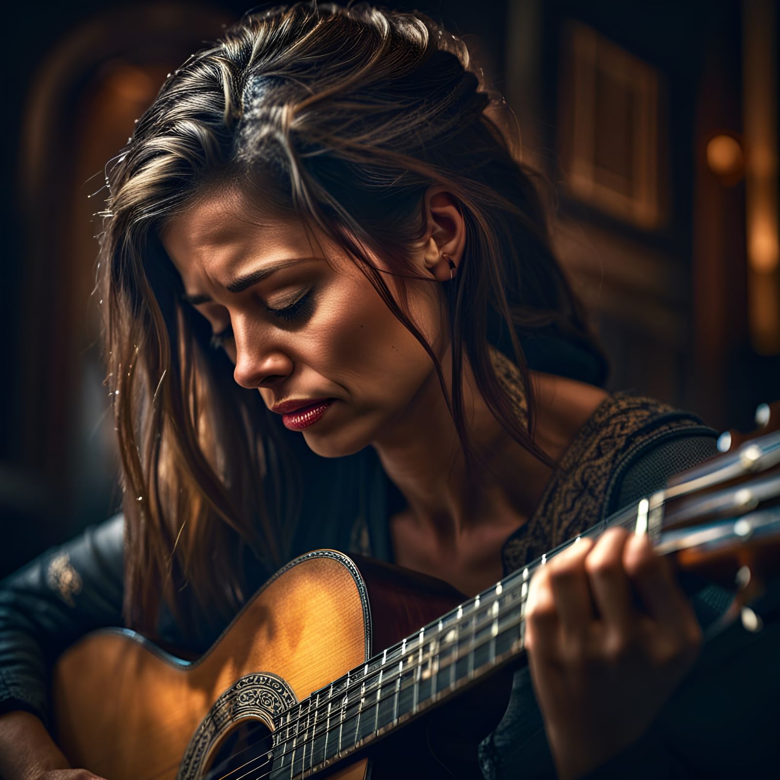 Emotional Woman Playing Guitar in Sharp Focus