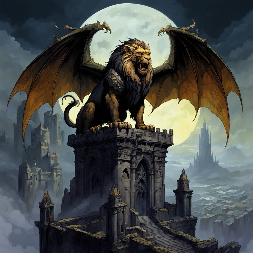 Manticore Overlooks Misty Valley in Dark Fantasy Style
