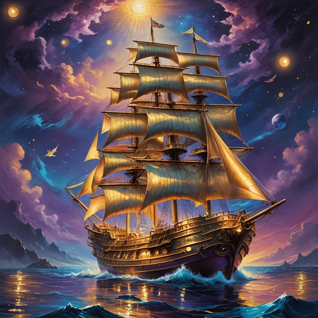 Gold Ship Sailing in Glowing Ocean at Night