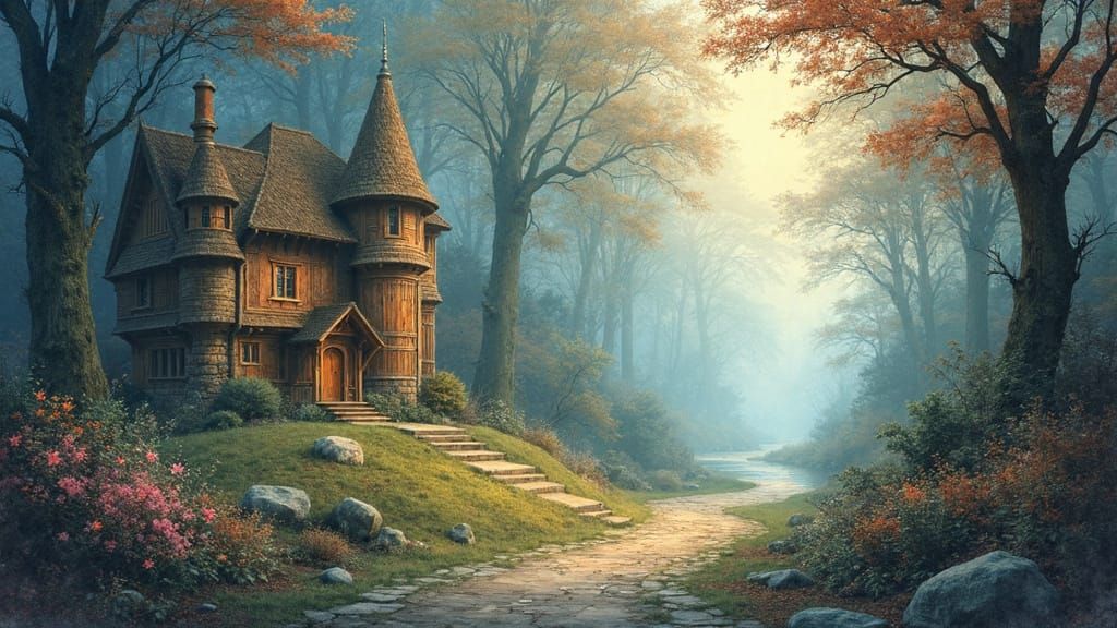 Fantasy Forest City in Watercolor Style