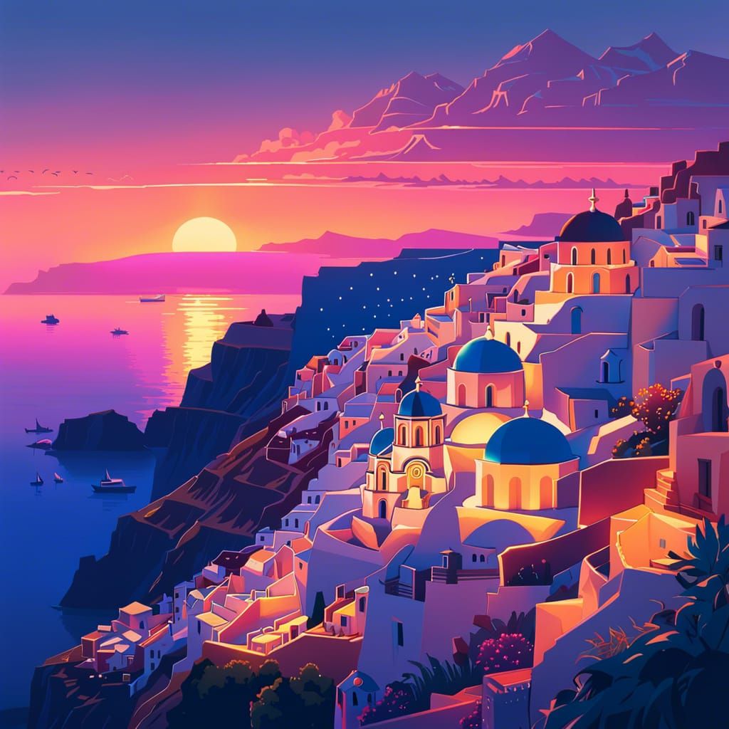 Santorini Sunset: Mediterranean Scenery in Digital Art Style