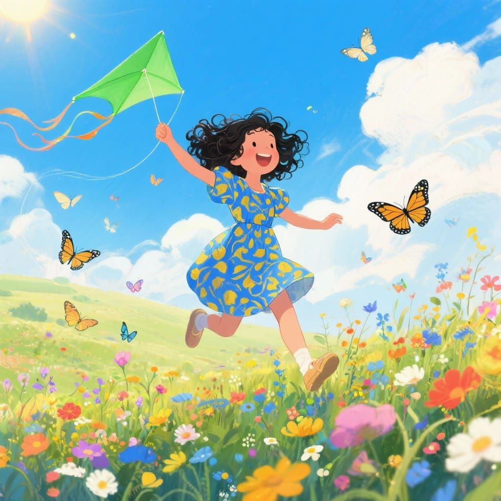 Joyful Girl Leaps With Green Kite in Wildflower Field