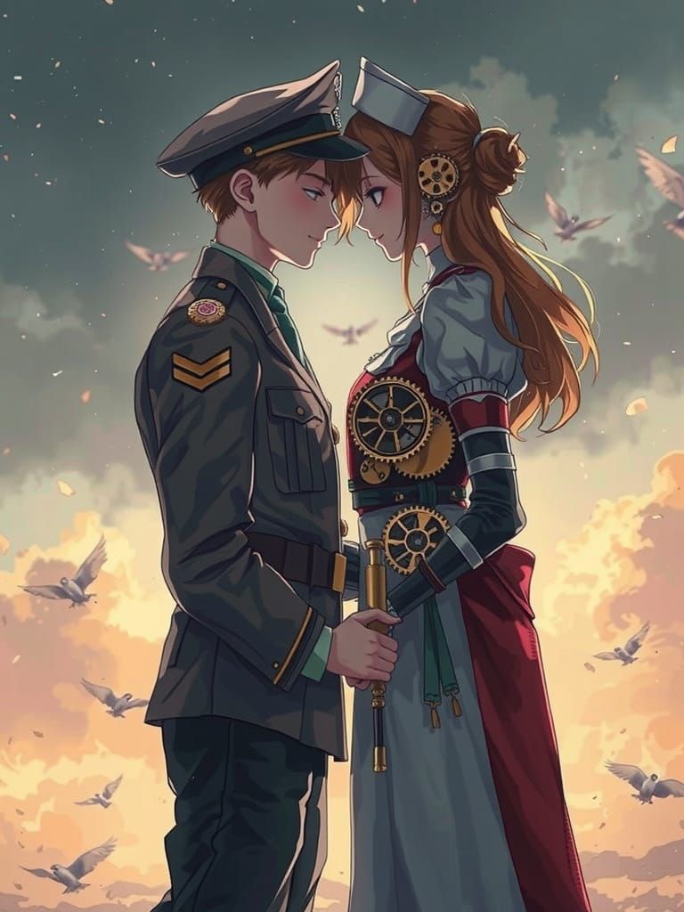 Clockwork Lovers Amidst War's Chaos in Whimsical Anime Style
