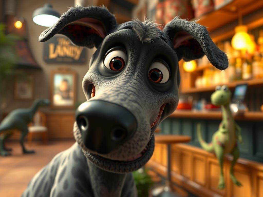 Friendly Great Dane in Dinosaur Bar, Animated Style